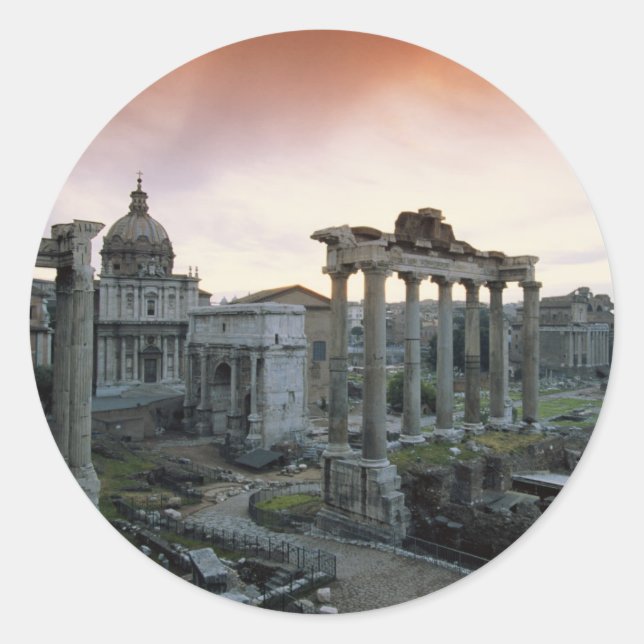 Pegatina Redonda Foro Romano al amanecer (Anverso)