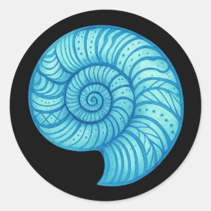 Pegatina Redonda Fósil de Ammonita – Distorsión en Espiral de Neón