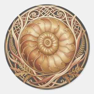 Pegatina Redonda Fósil de ammonite dorado con marco celta y patrón