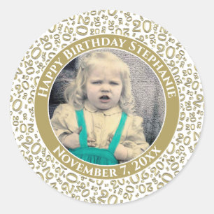 Pegatina Redonda Foto 20.º patrón de número aleatorio oro/blanco