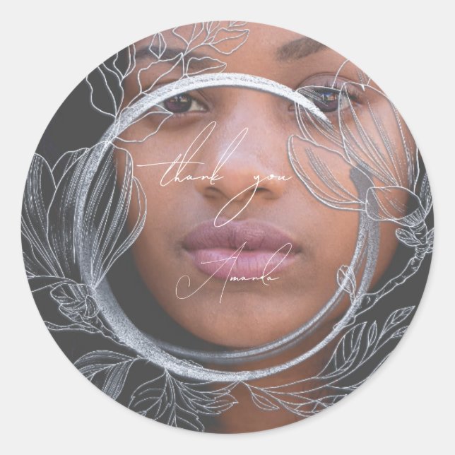 Pegatina Redonda Foto Agradecimiento Nombre Magnolia Floral Boda Gr (Anverso)