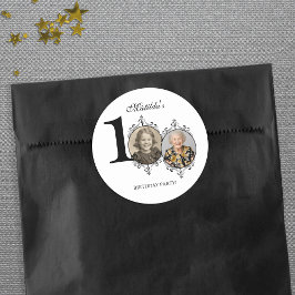 Pegatina Redonda Foto: Black White Elegant Fiesta de cumpleaños núm