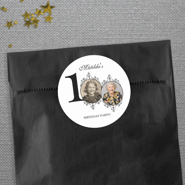 Pegatina Redonda Foto: Black White Elegant Fiesta de cumpleaños núm (Photo Black White Elegant 100th Birthday Party Classic Round Sticker)