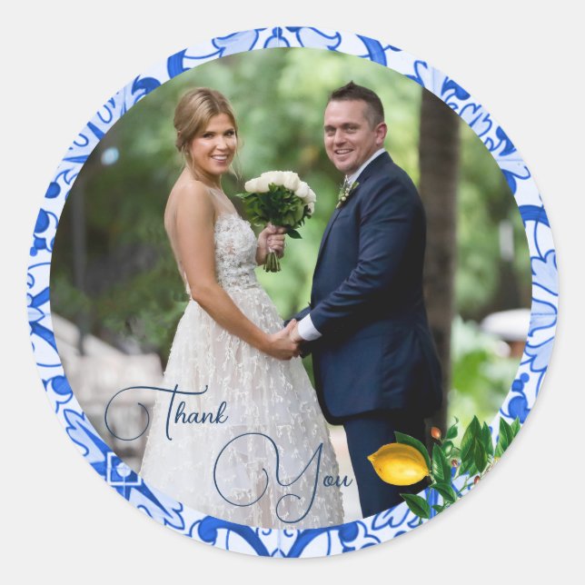 Pegatina Redonda Foto boda Lemon Blue Tile Gracias (Anverso)