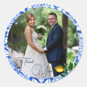 Pegatina Redonda Foto boda Lemon Blue Tile Gracias