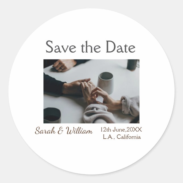 Pegatina Redonda Foto clásica blanco elegante tipografía boda mod (Anverso)