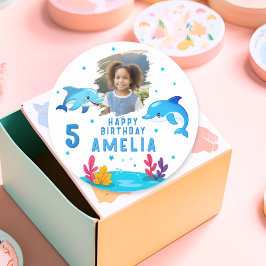 Pegatina Redonda Foto cumpleaños de animales del mar de delfines de