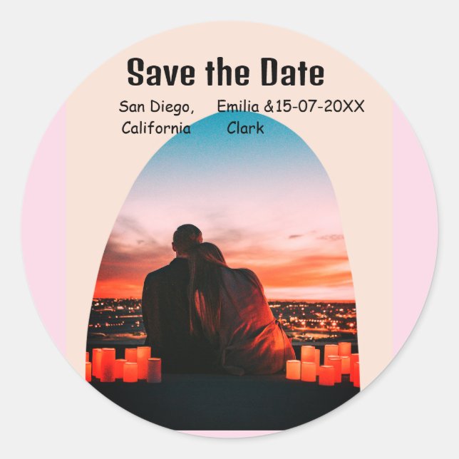 Pegatina Redonda foto de archivo rosa rústico boho guardar fecha QR (Anverso)