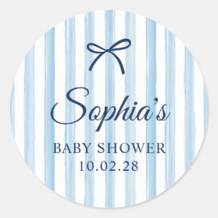 Pegatina Redonda Foto de baby shower con rayas pintadas de azul pál