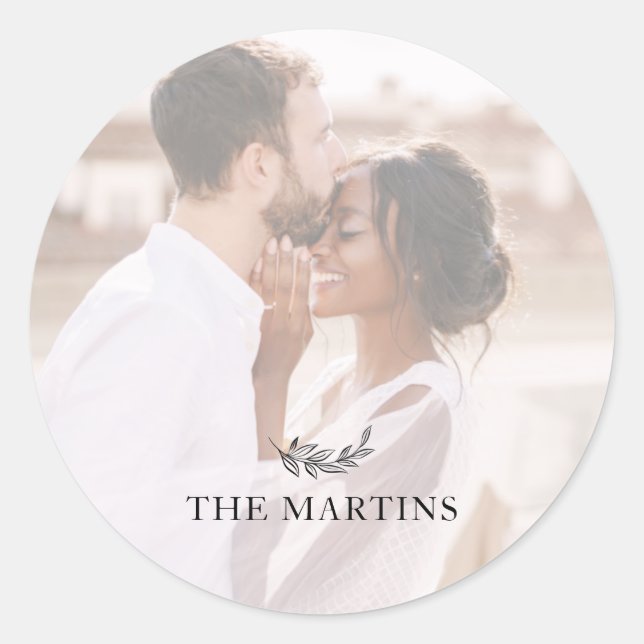 Pegatina Redonda Foto de Boda personalizado botánico negro (Anverso)