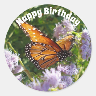Pegatina Redonda Foto de cumpleaños floral de mariposa monarca feli