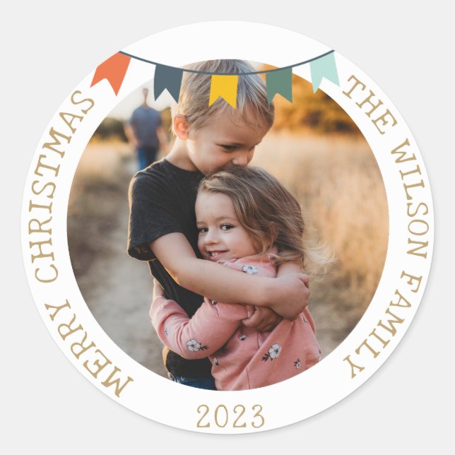 Pegatina Redonda Foto de familia de adornos de luz navideña vintage (Anverso)