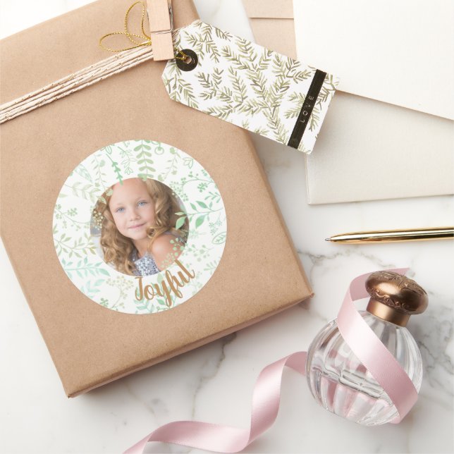 Pegatina Redonda Foto de feriado de Navidades con flores verdes (Regalar)