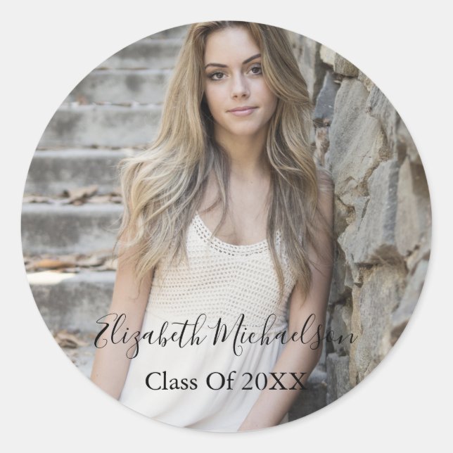 Pegatina Redonda Foto de graduación (Anverso)