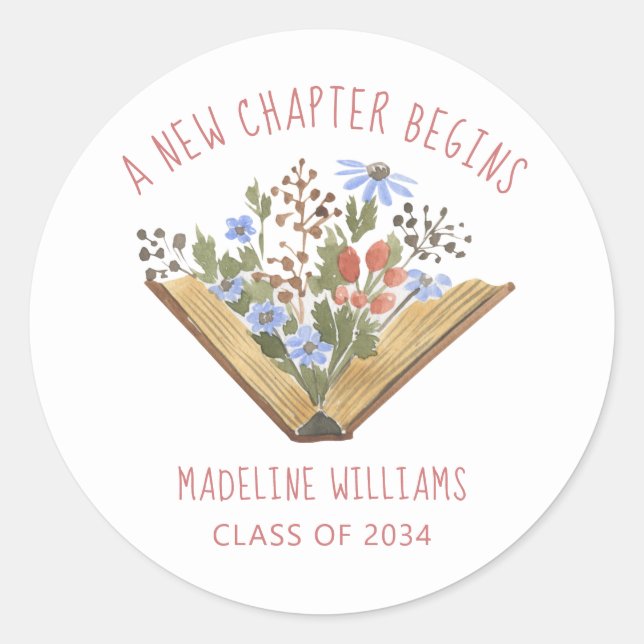 Pegatina Redonda Foto de graduación de libro (Anverso)