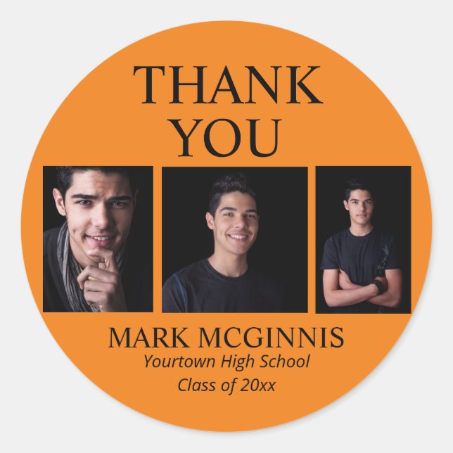 Pegatina Redonda Foto de graduación de naranja Black Class 2025 (Anverso)