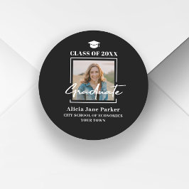 Pegatina Redonda Foto de graduado moderna promoción 2025 negra