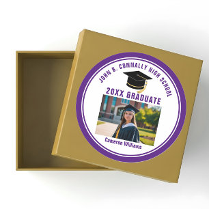 Pegatina Redonda Foto de Graduado Morado Personalizada Fiesta de Gr