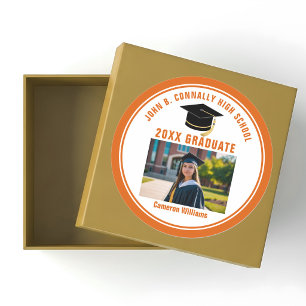 Pegatina Redonda Foto de Graduado Naranja Personalizada Fiesta de G