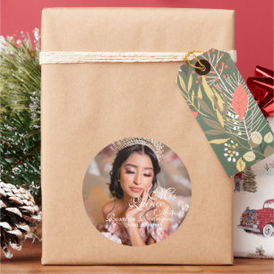 Pegatina Redonda Foto de guión de Quinceanera 15 cumpleaños