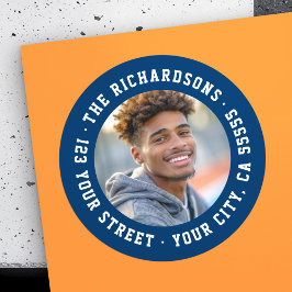 Pegatina Redonda Foto de la graduación del estudiante con dirección