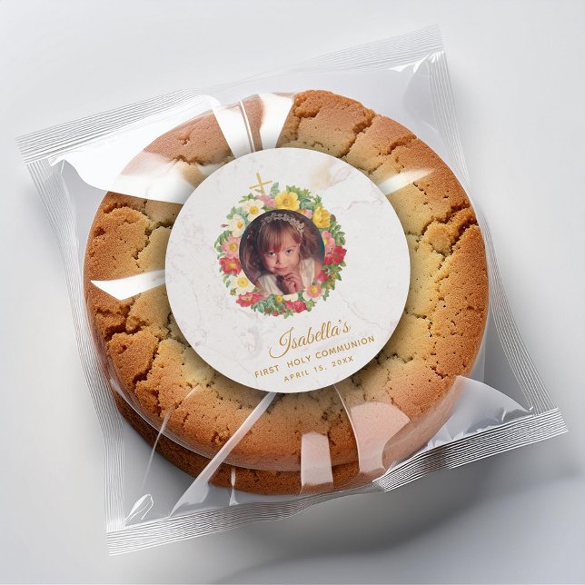 Pegatina Redonda Foto de mármol de la primera comunión del chica en (Subido por el creador)