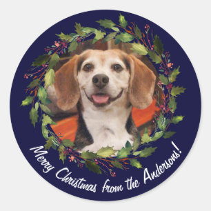 Pegatina Redonda Foto de mascota Nombre de familia Feliz Navidad Co