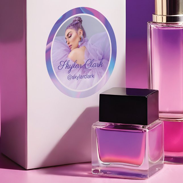 Pegatina Redonda Foto de medios sociales Holograma púrpura y azul (Social Media Photo Purple & Blue Hologram Classic Round Sticker)