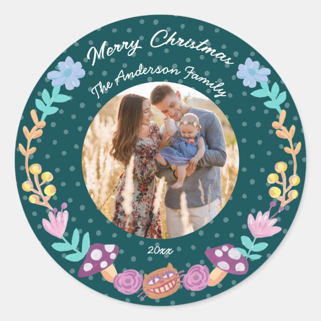 Pegatina Redonda Foto de Navidades verdes del gato de cheshire de f (Anverso)