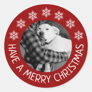 Pegatina Redonda Foto de perro lindo con papá Feliz Navidad Rojo