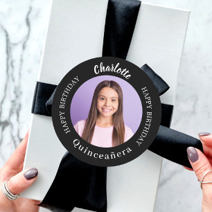 Pegatina Redonda Foto de personalizado blanco negro Quinceanera