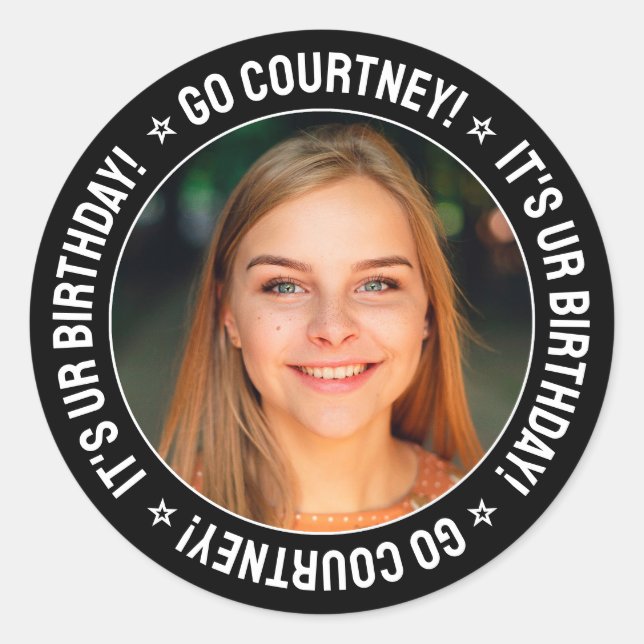 Pegatina Redonda Foto de Personalizado de cumpleaños y texto person (Anverso)