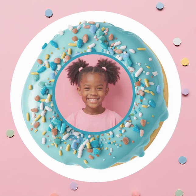 Pegatina Redonda Foto de personalizado: fiesta de cumpleaños de Don (Custom Photo Blue Donut Sprinkles Birthday Party Classic Round Sticker)