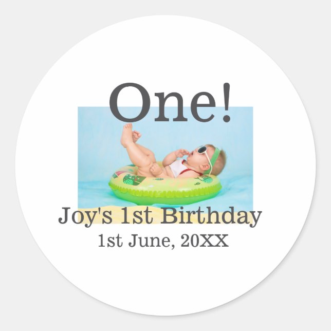 Pegatina Redonda Foto de primer cumpleaños fecha de adición moderna (Anverso)