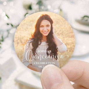 Pegatina Redonda Foto de Quinceañera y moderno guión en blanco