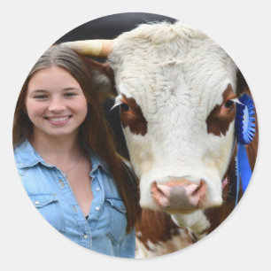 Pegatina Redonda Foto de vaca de exposición de ganado personalizada