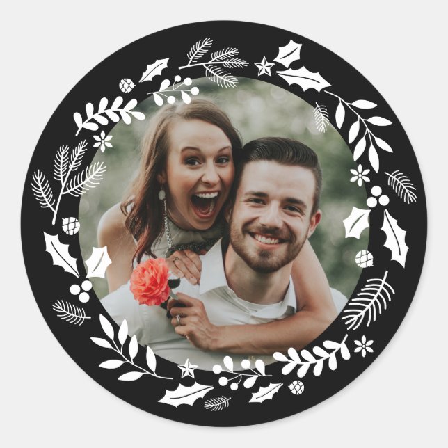 Pegatina Redonda Foto de Wreath Mínima en Blanco Negro (Anverso)