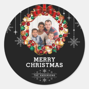 Pegatina Redonda Foto De Wreath Y Snowflake De navidades