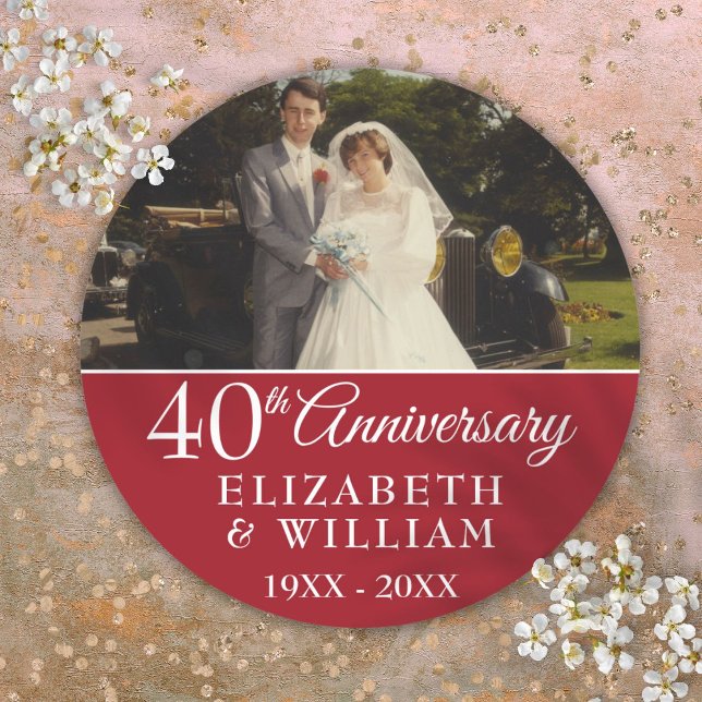 Pegatina Redonda Foto del 40° Aniversario del Boda Ruby Elegante (40th Wedding Anniversary Photo Elegant Ruby Classic Round Sticker)