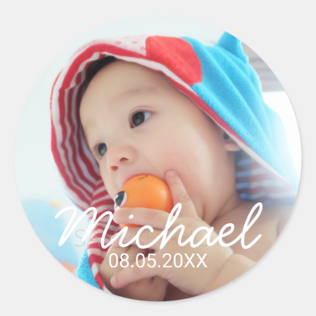 Pegatina Redonda Foto del personalizado con nombre y fecha (Anverso)