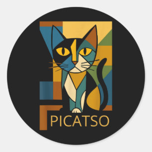 Pegatina Redonda Foto divertida de gato Picatso - Estilo de arte cu