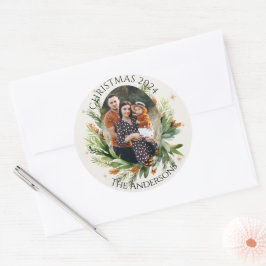 Pegatina Redonda Foto Familiar de Hojas Verdes Feliz Navidad