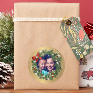 Pegatina Redonda Foto familiar Feliz Navidad Año Nuevo