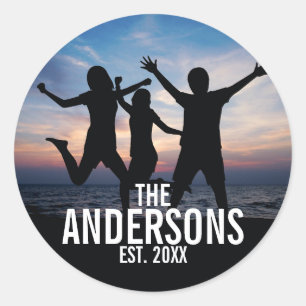 Pegatina Redonda Foto familiar personalizada con nombre familiar