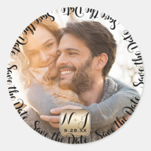 Pegatina Redonda Foto Gold Modern Save the Date Boda