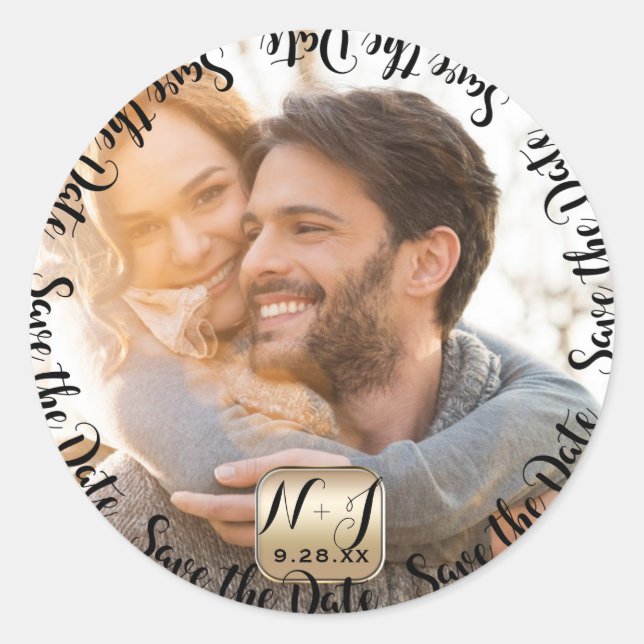 Pegatina Redonda Foto Gold Modern Save the Date Boda (Anverso)