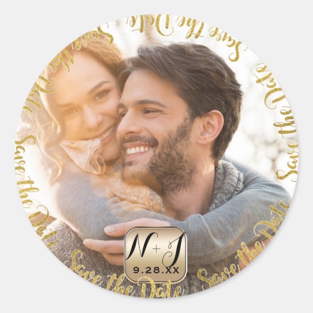 Pegatina Redonda Foto Gold Modern Save the Date Boda (Anverso)