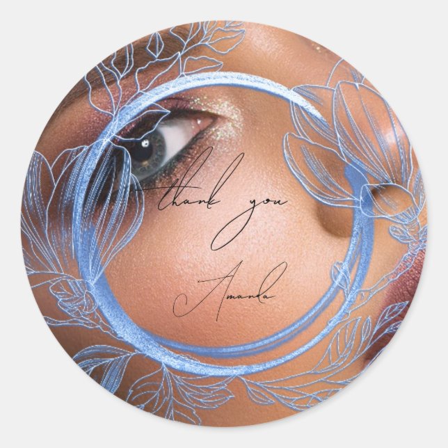 Pegatina Redonda Foto Gracias Nombre Magnolia Floral Elegante Azul (Anverso)