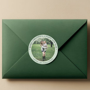 Pegatina Redonda Foto Green Plaid Gingham Rustic Vintage Christmas