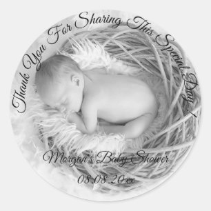 Pegatina Redonda Foto gris Baby Shower Gracias